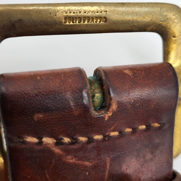 Brown Leather Belt Mens Size 36 Oil Tanned Harness Solid Brass Genuine Handmade - Picture 4 of 11